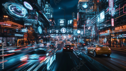 A futuristic city with holographic entertainment displays and intelligent AI traffic management