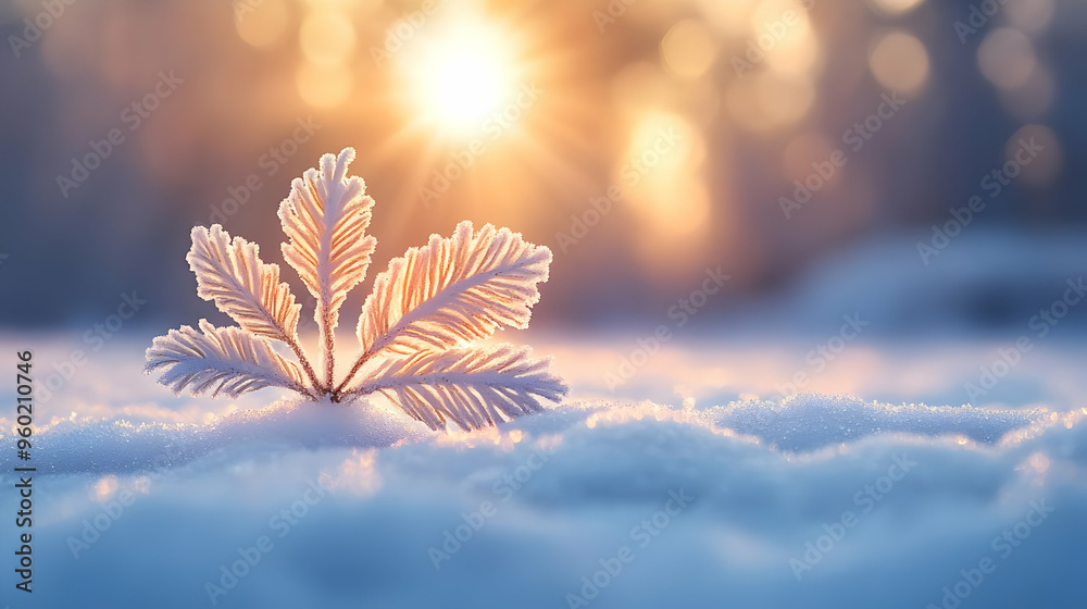 A frosted leaf resting on snow, illuminated by sunlight. A frosted leaf resting on snow, illuminated by sunlight.