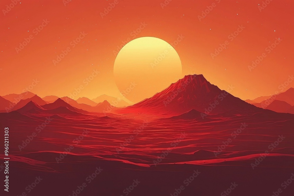 A Red Planet Landscape with a Large Sun Setting Behind a Mountain Range A Red Planet Landscape with a Large Sun Setting Behind a Mountain Range