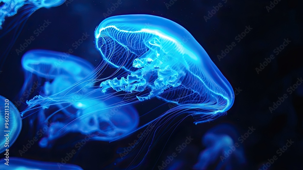 Obraz premium Close-up of jellyfish with neon blue illumination highlighting their intricate tentacles, set against a pitch-black aquarium background