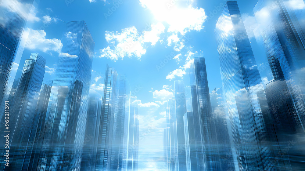 A futuristic cityscape with skyscrapers under a bright sky. A futuristic cityscape with skyscrapers under a bright sky.