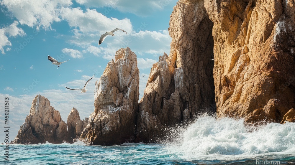 Naklejka premium Close-up of the natural rock formations at Land's End, Cabo San Lucas, with seagulls flying in the background and waves splashing against the rugged cliffs