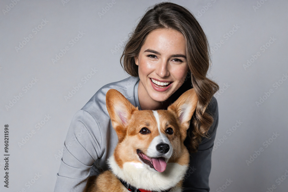 Young woman holds and hugs a red corgi dog on a clean light background, the concept of love for animals