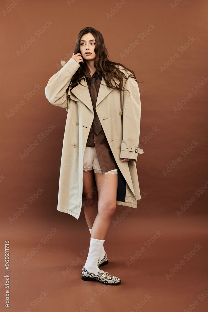 A young and beautiful model poses confidently in a fashionable autumn ensemble, exuding warmth and style. A young and beautiful model poses confidently in a fashionable autumn ensemble, exuding warmth and style.