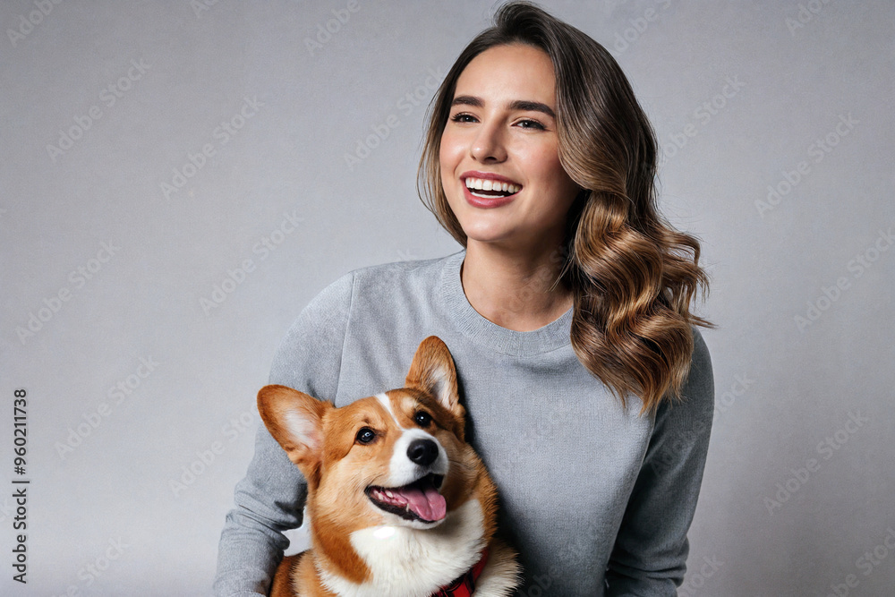 Young woman holds and hugs a red corgi dog on a clean light background, the concept of love for animals Young woman holds and hugs a red corgi dog on a clean light background, the concept of love for animals