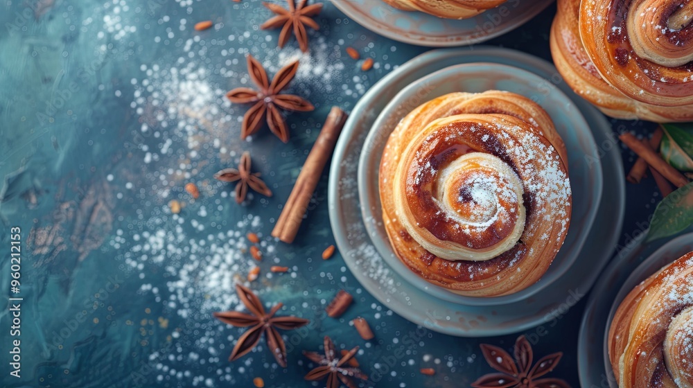 Advertising banner for the presentation of your own baked goods. Top view appetizing cinnabons with powdered sugar in vintage dish on blue textured background. Copy space. Christmas baking concept Advertising banner for the presentation of your own baked goods. Top view appetizing cinnabons with powdered sugar in vintage dish on blue textured background. Copy space. Christmas baking concept
