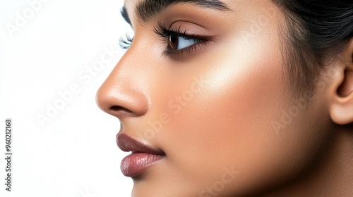 Close-up profile of a beautiful Indian woman with smooth skin, focusing on nose and chin, against a white background, ideal for aesthetic surgery themes