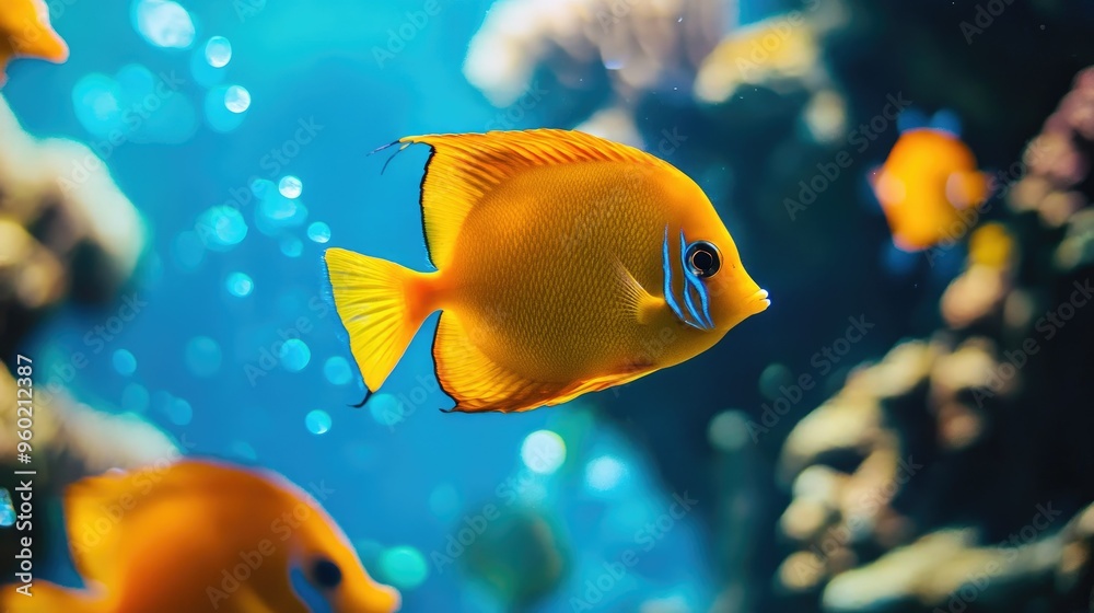 Naklejka premium Close-up shot of a group of exotic fish in vivid colors swimming against a backdrop of blue ocean, coral reefs, and sparkling water, capturing the essence of the sea