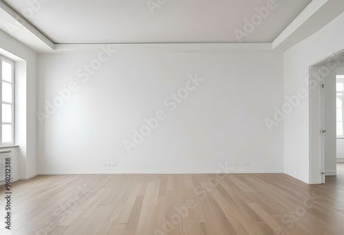 Empty room with white walls and wooden floor, minimal interior design.