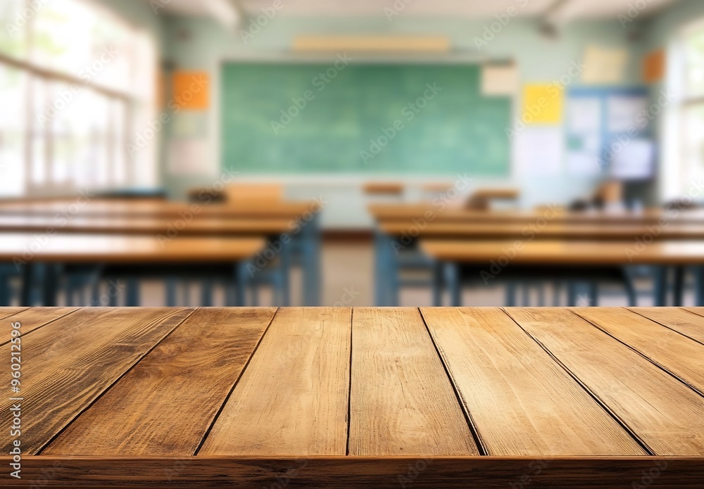 Empty wooden table top with a blurred background of an empty classroom Empty wooden table top with a blurred background of an empty classroom