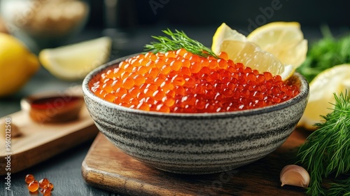 Close-up shot of red caviar in a bowl on a kitchen desk, surrounded by fresh ingredients like lemon wedges and dill, with cutting board photo