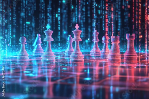 Wallpaper Mural Digital Chess Pieces Illuminated on a Neon Board with a Blurred Background of Code Torontodigital.ca