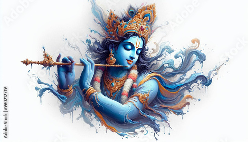 A portrait of god Krishna in a watercolor style texture in white background, copy space  