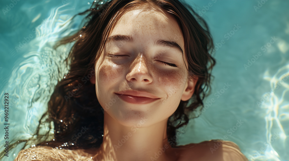 Portrait of a Beautiful Caucasian Woman with Dewy Skin and Brown Hair Relaxing by a Pool, Smiling in Summer Sunlight Portrait of a Beautiful Caucasian Woman with Dewy Skin and Brown Hair Relaxing by a Pool, Smiling in Summer Sunlight