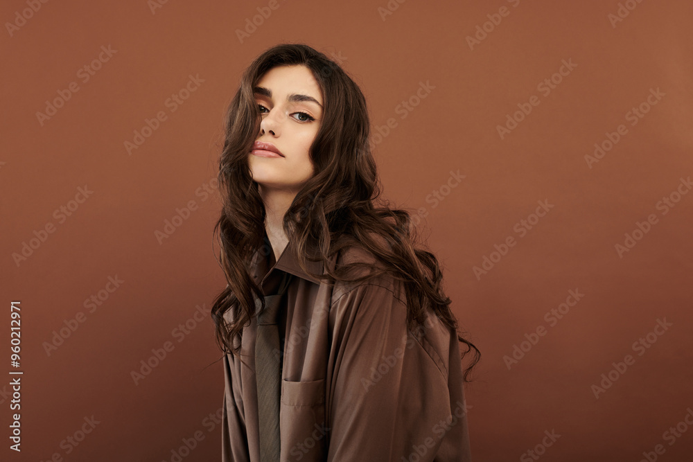 A young and beautiful woman showcases her stunning autumn outfit against a rich, warm backdrop, exuding elegance and style. A young and beautiful woman showcases her stunning autumn outfit against a rich, warm backdrop, exuding elegance and style.