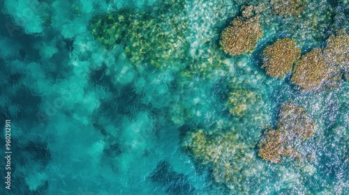 Aerial view of vibrant coral reefs in clear turquoise waters.