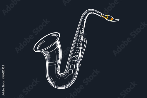 Bass saxophone line drawing cartoon style. Brass instrument bass saxophone clipart drawing in linear style isolated on white and chalkboard background. Musical wind instrument clipart concept, vector
