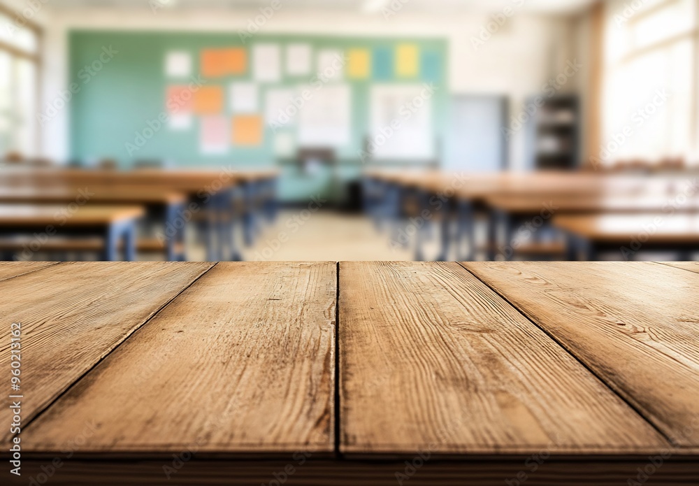Empty wooden table top with a blurred background of an empty classroom Empty wooden table top with a blurred background of an empty classroom
