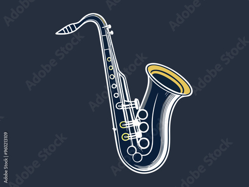 Bass saxophone line drawing cartoon style. Brass instrument bass saxophone clipart drawing in linear style isolated on white and chalkboard background. Musical wind instrument clipart concept, vector
