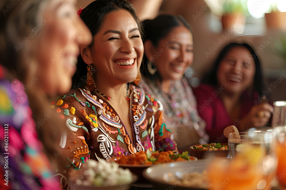 Laughing women in colorful traditional Mexican attire at a joyful celebration Laughing women in colorful traditional Mexican attire at a joyful celebration