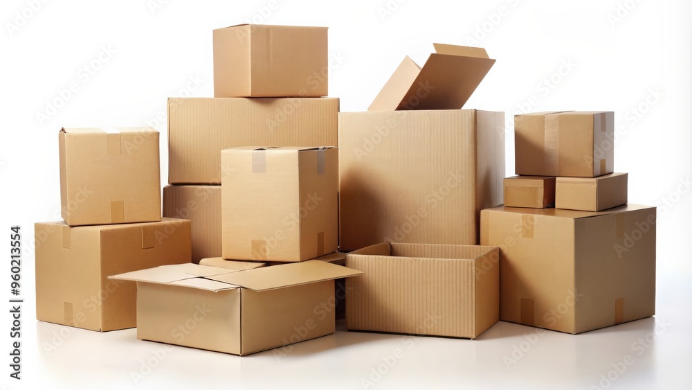 Various cardboard boxes, some open and some closed, on a white background Various cardboard boxes, some open and some closed, on a white background