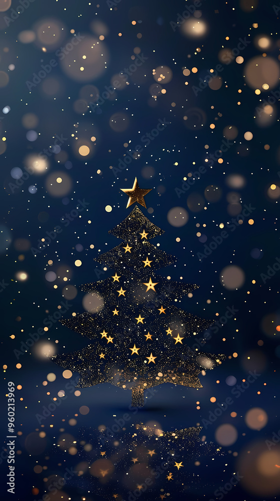 Obraz premium Luxury christmas and happy new year concept background,paper cut style, glittering gold christmas tree with stars on dark blue bokeh background