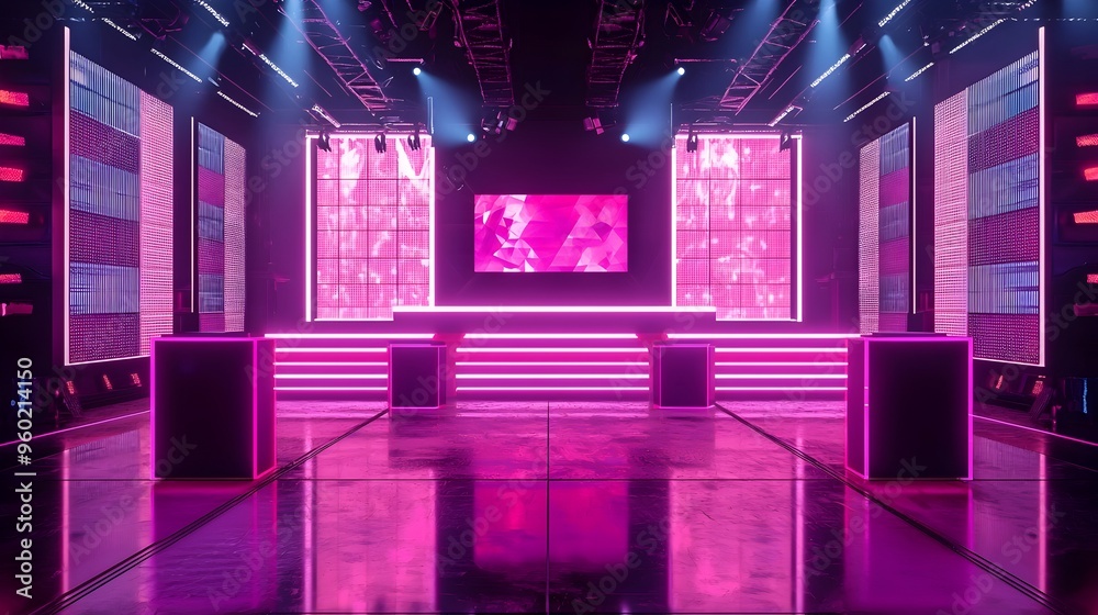 Sleek and Futuristic Game Show Set with Glowing Podiums and Vibrant Backdrop Sleek and Futuristic Game Show Set with Glowing Podiums and Vibrant Backdrop