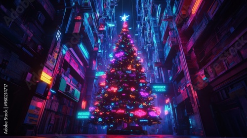 Christmas tree designed in a cyberpunk aesthetic with futuristic elements, incorporating vibrant neon lights and colors reminiscent of the 80s and 90s photo