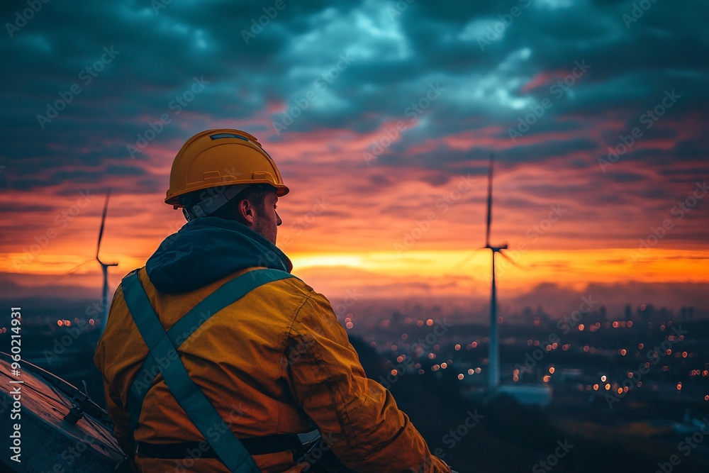 Fototapeta premium Engineer Overlooking Wind Farm at Sunset