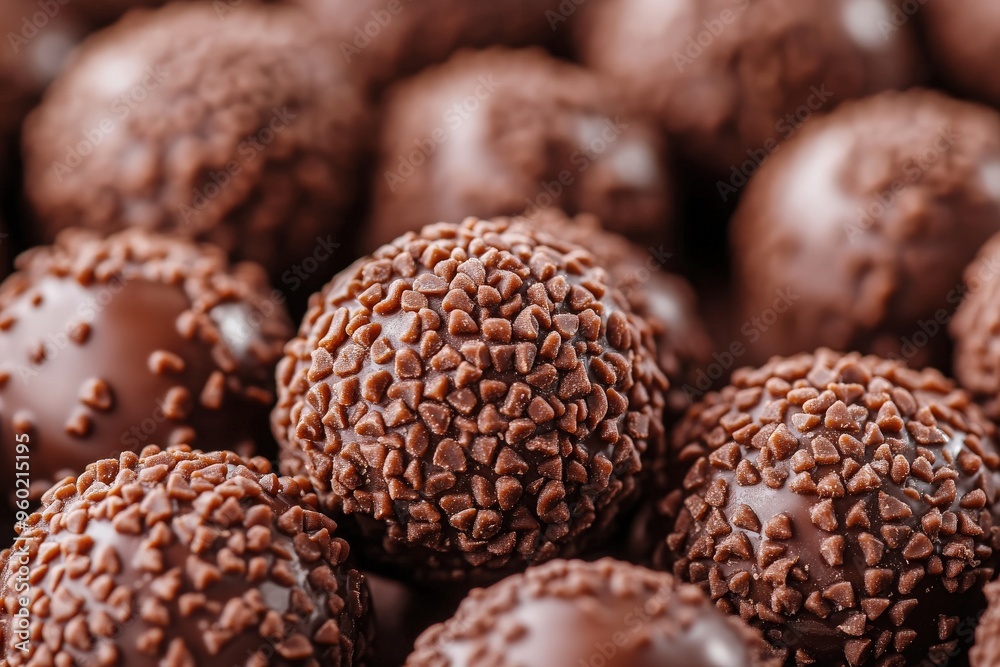 Close-up of rich, glossy chocolate truffles, showcasing traditional Brazilian brigadeiros with their distinctive texture and appearance Close-up of rich, glossy chocolate truffles, showcasing traditional Brazilian brigadeiros with their distinctive texture and appearance