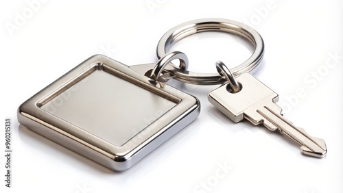 Metallic square key chain with keys on white background