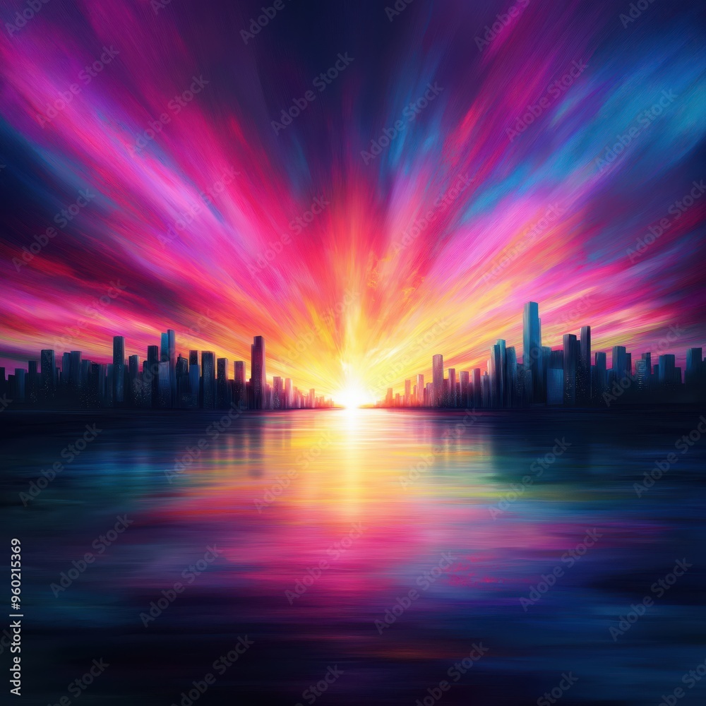 Fototapeta premium Abstract cityscape with vibrant sunset over water 