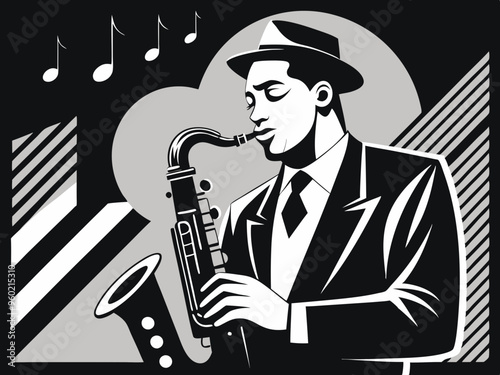 Jazz saxophonist black and white poster. Advertisement of a postcard of a musical event. Vector flat illustration
