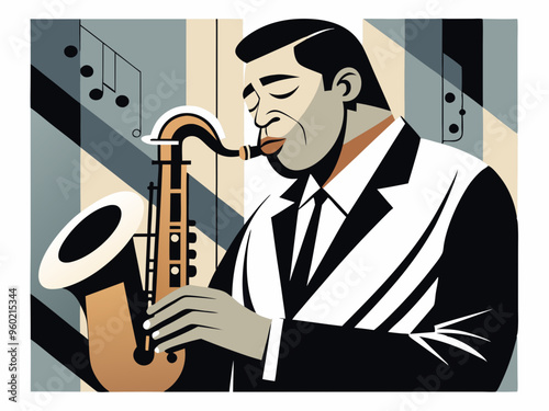 Jazz saxophonist black and white poster. Advertisement of a postcard of a musical event. Vector flat illustration
