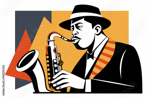 Jazz saxophonist black and white poster. Advertisement of a postcard of a musical event. Vector flat illustration
