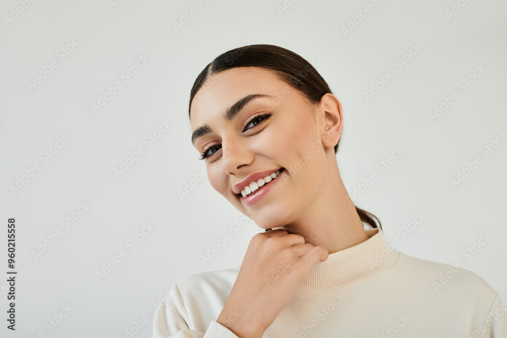 A young woman radiates beauty and confidence, showcasing a chic autumnal outfit in a serene studio setting. A young woman radiates beauty and confidence, showcasing a chic autumnal outfit in a serene studio setting.