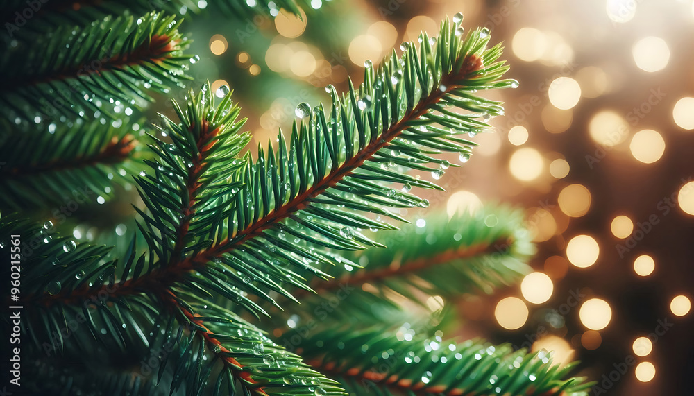 A pine tree branch with droplets of water showcasing vibrant green needles. The background features soft blurred bokeh lights in warm tones a festive atmosphere A pine tree branch with droplets of water showcasing vibrant green needles. The background features soft blurred bokeh lights in warm tones a festive atmosphere