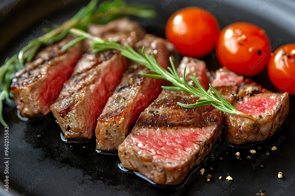 Seared and Juicy Realistic Image of Steak with Rosemary and Tomatoes Seared and Juicy Realistic Image of Steak with Rosemary and Tomatoes
