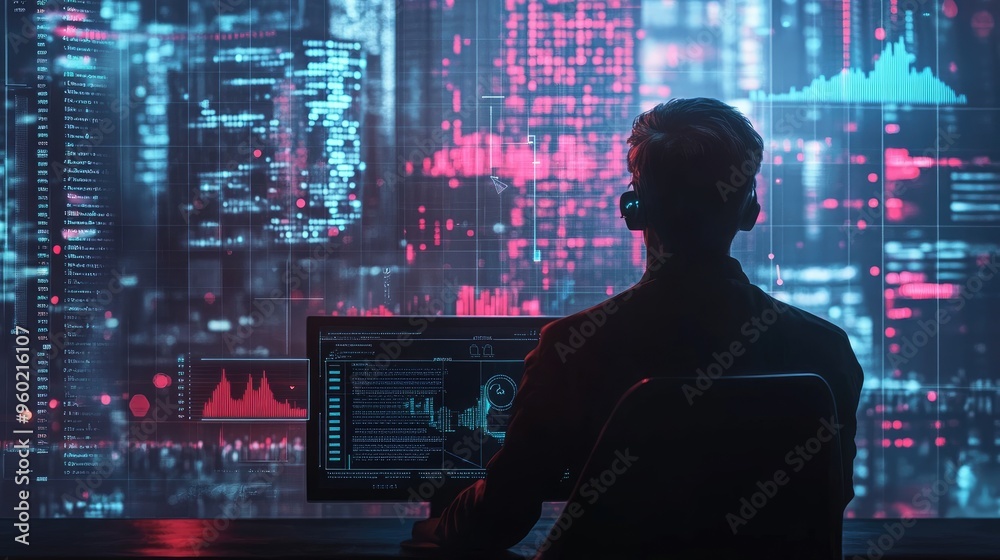 Digital financial advisor analyzing loss graphs, digital financial, futuristic market instability Digital financial advisor analyzing loss graphs, digital financial, futuristic market instability