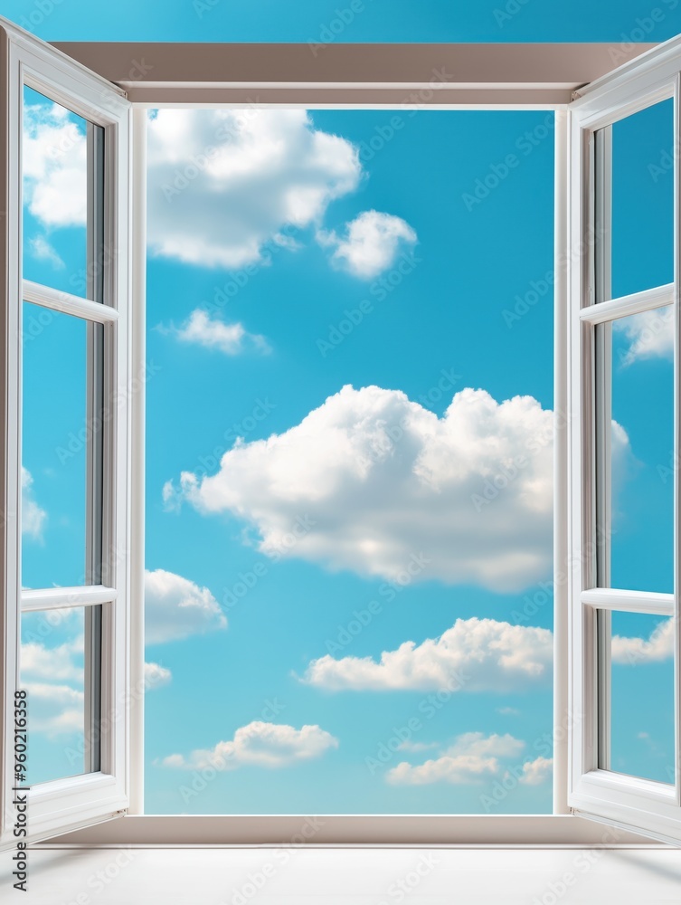 Open window with clear blue sky and fluffy clouds
Open window with clear blue sky and fluffy clouds