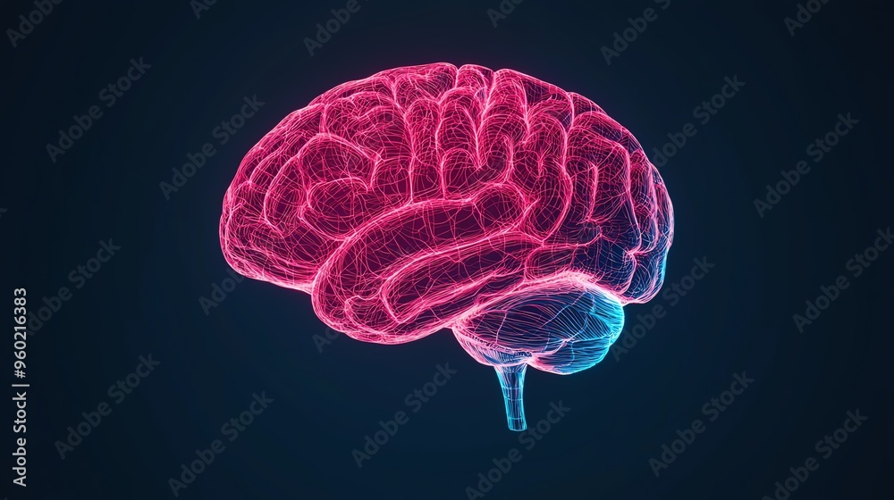 Neontinted 3D model of the human brainstem, 3D illustration Neontinted 3D model of the human brainstem, 3D illustration