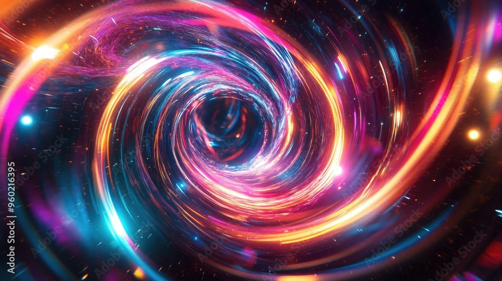 Dynamic light swirl effect with bright, glowing lines and circular lens flares, resembling a sci-fi energy field or magic arena with vibrant neon colors Dynamic light swirl effect with bright, glowing lines and circular lens flares, resembling a sci-fi energy field or magic arena with vibrant neon colors
