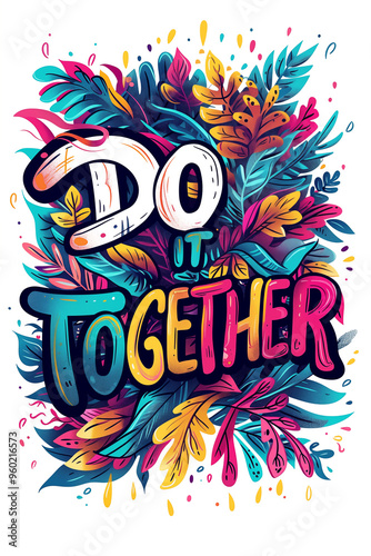 Do it together inspirational quote with colorful decorative illustration of leaves and plants