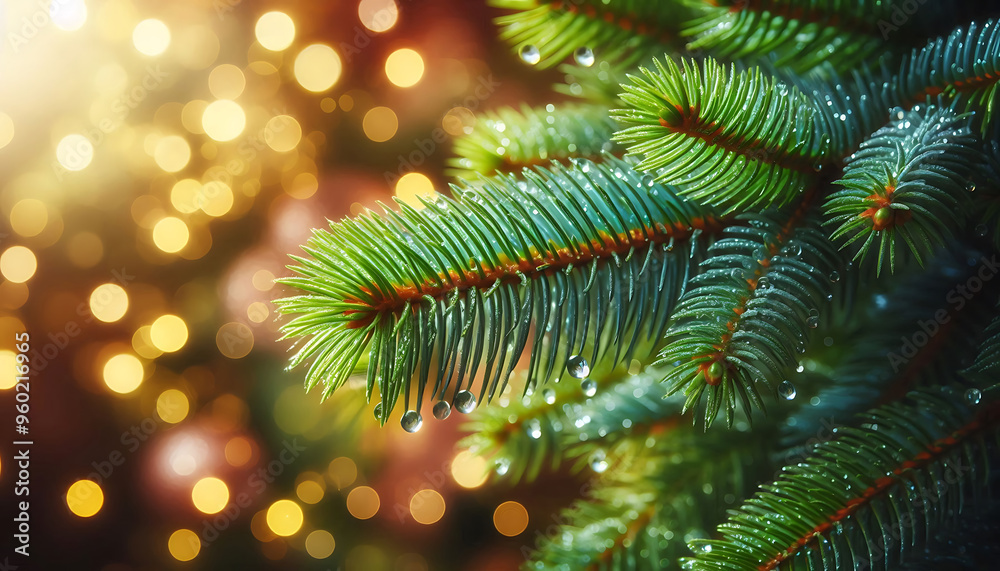 A pine tree branch with droplets of water showcasing vibrant green needles. The background features soft blurred bokeh lights in warm tones a festive atmosphere A pine tree branch with droplets of water showcasing vibrant green needles. The background features soft blurred bokeh lights in warm tones a festive atmosphere
