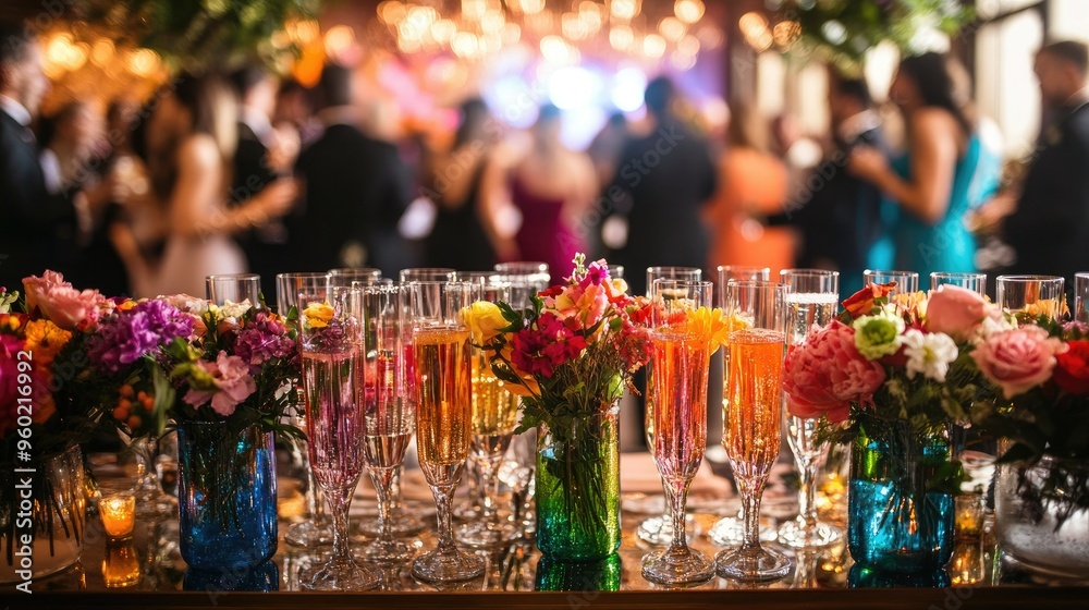 Festive wedding reception with a table full of colorful shooters, champagne flutes, and flower arrangements, guests dancing in the distance Festive wedding reception with a table full of colorful shooters, champagne flutes, and flower arrangements, guests dancing in the distance