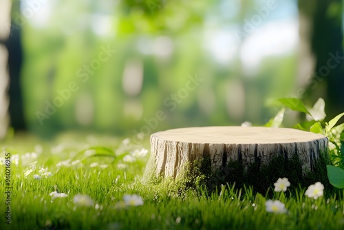 Wallpaper Mural 3D render of a tree stump on the grass in a forest, with golden morning light Torontodigital.ca