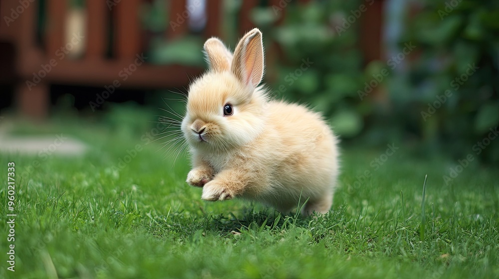 Obraz premium Fluffy baby bunny running through a lush green yard, stopping to munch on grass. Adorable pet rabbit showing lively behavior in a serene outdoor setting.