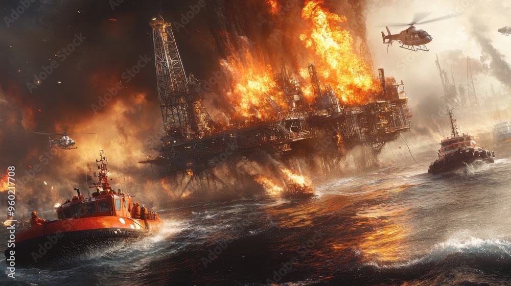 Dramatic illustration of an oil rig explosion with intense flames and ...
