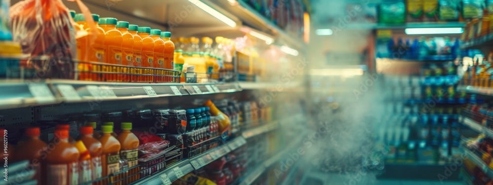 Fototapeta premium Grocery store aisle with various products on foggy shelves