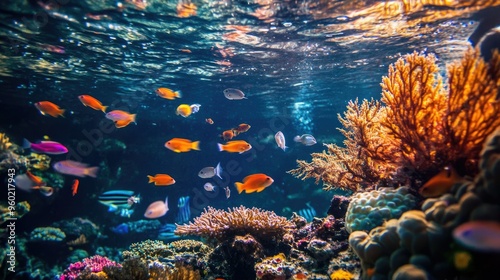 Little fish swimming amidst colorful coral and aquatic plants in an aquarium at Chonburi, Thailand, with reflections on the wateraes surface